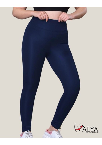 Toparlayıcı Yüksek Bel Kadın Günlük Spor Parlak Tayt ( Lacivert, Xl )
