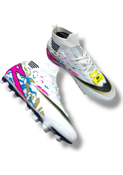 Çoraplı Unisex Krampon Halısaha & Çimsaha Ayakkabı Beyaz Fuşya Desenli