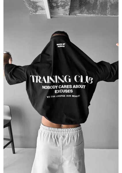 Erkek Siyah Training Club Oversize Fit Bol Geniş Kalıp Salaş Kesim T-Shirt