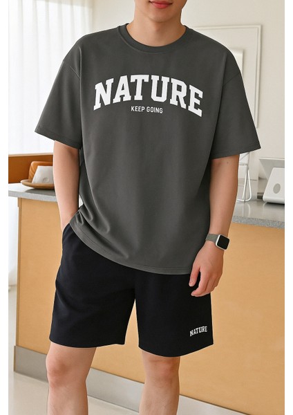 Erkek Tişört Baskılı Oversize T-Shirt Pamuklu Tişört Nature-Oversize