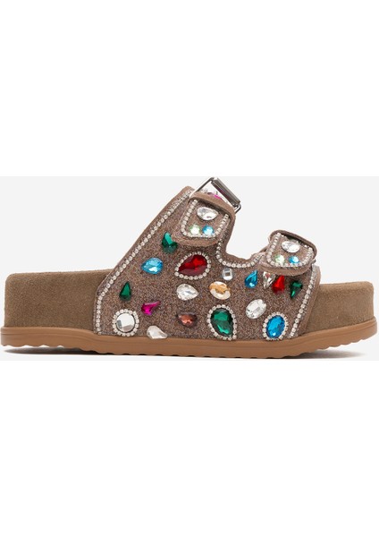 Taşlı Çift Bantlı Terlik Gerçek Deri Zy 8182 Süet Vizon