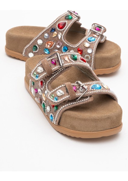 Taşlı Çift Bantlı Terlik Gerçek Deri Zy 8182 Süet Vizon fiyatları
