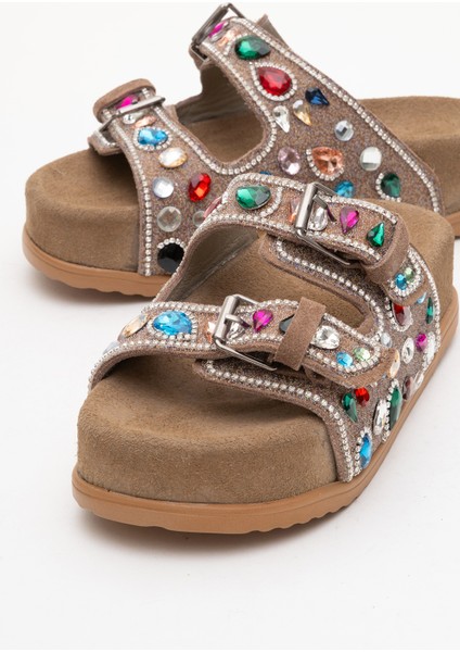 Taşlı Çift Bantlı Terlik Gerçek Deri Zy 8182 Süet Vizon modelleri