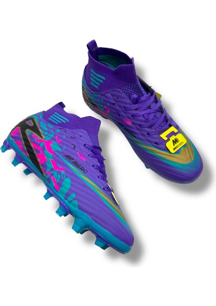 Çoraplı Unisex Krampon Halısaha & Çimsaha Ayakkabı Mor Turkuaz Desenli