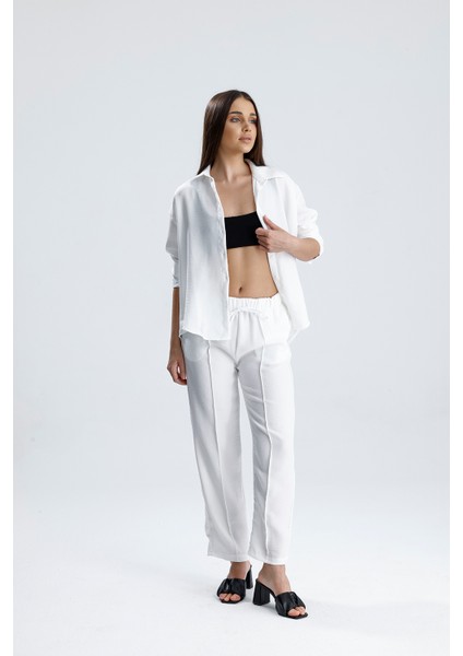 Kadın Oversize Alt Üst Takım – Gömlek ve Lastikli Pantolon Ikili Set