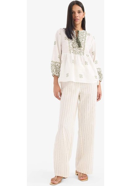 Yeni Sezon Regular Fit Çizgili Esnek Yüksek Belli Keten Karışımlı Palazzo Pantolon modelleri