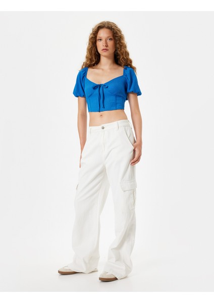 Yeni Sezon Crop Tişört Balon Kol Korse Görünümlü Bürümcük V Yaka Slim Fit fiyatları