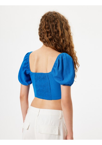 Yeni Sezon Crop Tişört Balon Kol Korse Görünümlü Bürümcük V Yaka Slim Fit fırsatları