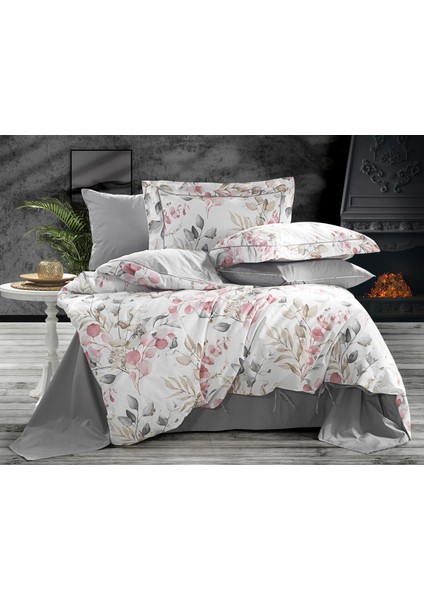 6 Parça Poplin Çift Kişilik Nevresim Takımı Gri-Beyaz