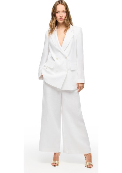 Beyaz Holas Rahat Kalıp Yüksek Bel Pantolon