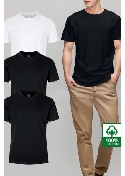 Beyaz Siyah Siyah 3'lü Basic Bisiklet Yaka T-Shirt