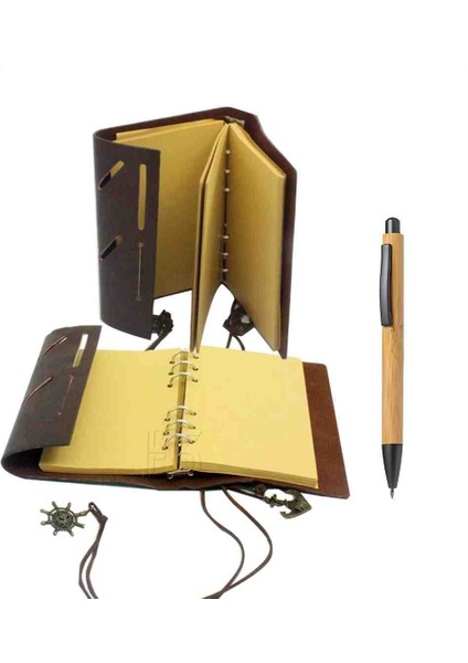 El Yapımı Deri Kapaklı Defter ve Bambu Touchpen Kalem Hediyeli Set – Vintage Günlük, Ajanda, Ofis ve Özel Gün Hediyesi
