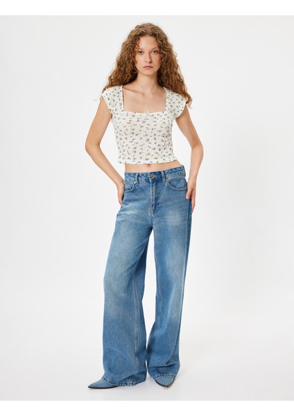 Yeni Sezon Meyve Baskılı Tişört Fiyonklu Kap Kol Kare Yaka Slim Fit Pamuklu fiyatları