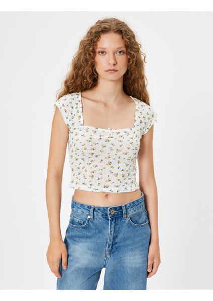 Yeni Sezon Meyve Baskılı Tişört Fiyonklu Kap Kol Kare Yaka Slim Fit Pamuklu modelleri