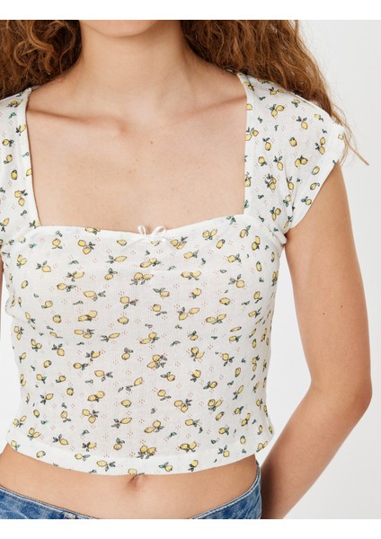 Yeni Sezon Meyve Baskılı Tişört Fiyonklu Kap Kol Kare Yaka Slim Fit Pamuklu indirimleri