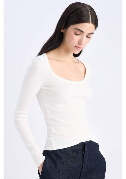 Yeni Sezon Slim Fit Dar Kesim Basic Düz Fitilli Kaşkorse Uzun Kollu Beyaz Tişört