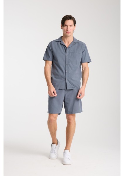 %100 Pamuk Erkek Keten Kombin – Slim Fit Gömlek ve Şort Takım |