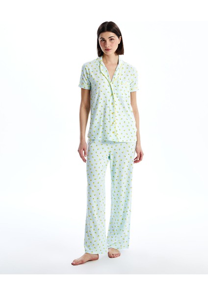 Yeni Sezon Gomlek Yaka Baskili Kadin Pijama Takimi - S5EP06Z8
