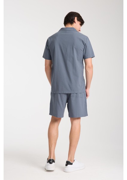 %100 Pamuk Erkek Keten Kombin – Slim Fit Gömlek ve Şort Takım |