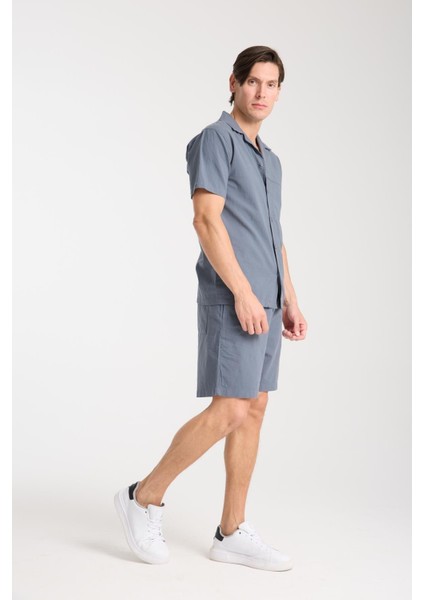 %100 Pamuk Erkek Keten Kombin – Slim Fit Gömlek ve Şort Takım |