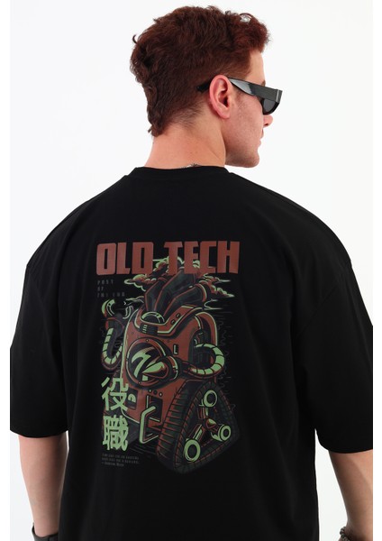 Old Tech-Oversize Tişört | Sırt Baskılı – Minimal Göğüs Desenli Unisex Tshirt