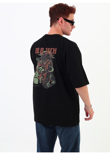 Old Tech-Oversize Tişört | Sırt Baskılı – Minimal Göğüs Desenli Unisex Tshirt
