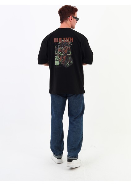 Old Tech-Oversize Tişört | Sırt Baskılı – Minimal Göğüs Desenli Unisex Tshirt