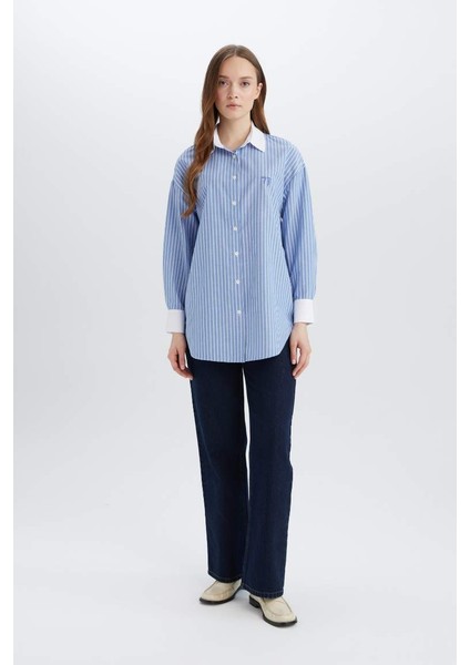 Yeni Sezon Relax Fit Çizgili Poplin Uzun Kollu Gömlek Tunik fiyatları