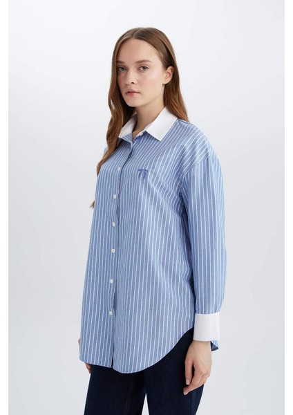 Yeni Sezon Relax Fit Çizgili Poplin Uzun Kollu Gömlek Tunik modelleri