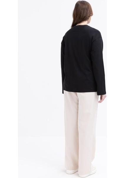 Siyah-Çiçek Nakışlı Uzun Kollu Büyük Beden T-Shirt modelleri