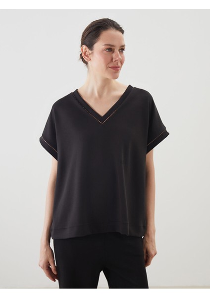 Yeni Sezon V Yaka Oversize Kadin Tisort - S5KT62Z8