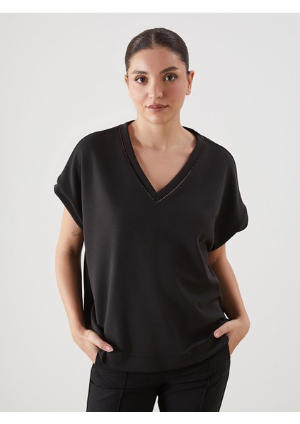 Yeni Sezon V Yaka Oversize Kadin Tisort - S5KT62Z8