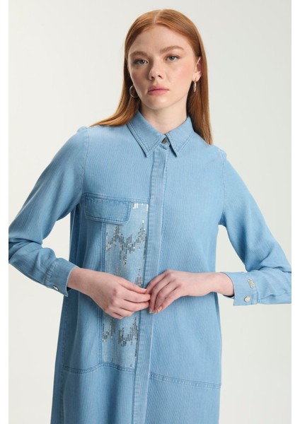 Gizli Düğme Detaylı Pullu Uzun Denim Tunik
