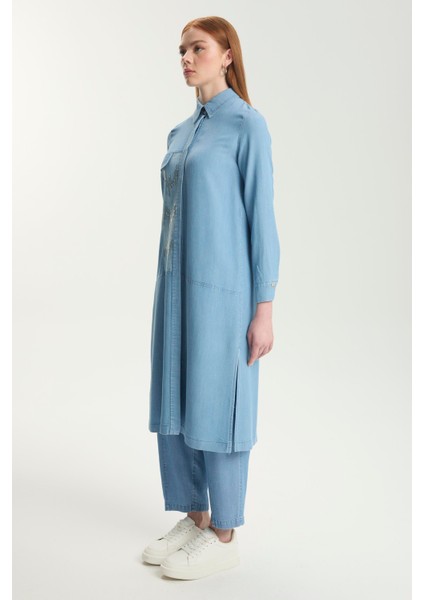 Gizli Düğme Detaylı Pullu Uzun Denim Tunik