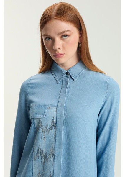 Gizli Düğme Detaylı Pullu Uzun Denim Tunik