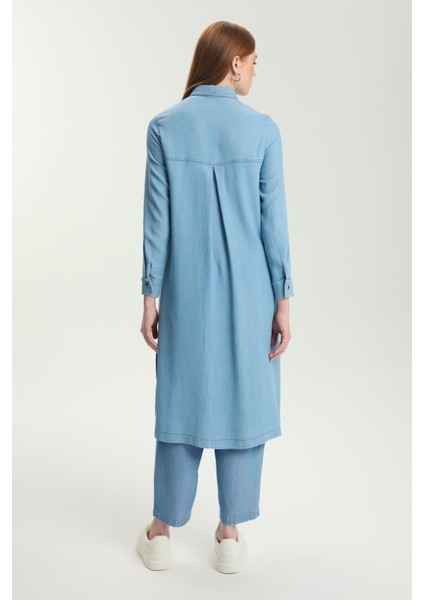 Gizli Düğme Detaylı Pullu Uzun Denim Tunik