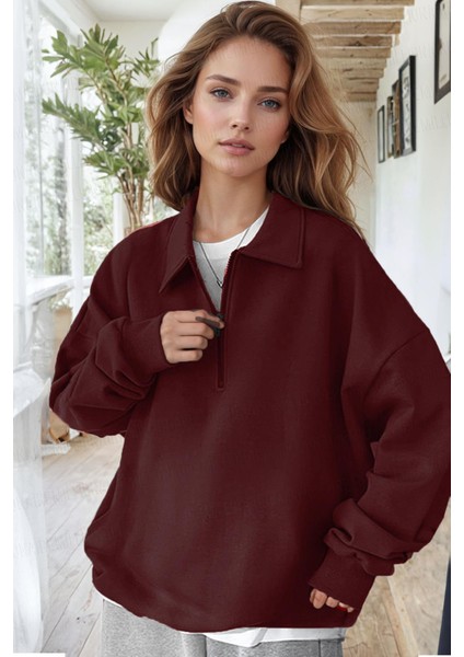Kadın Bordo Yarım Fermuar Polo Yaka 3 Iplik Içi Polarlı Şardonlu Oversize Sweatshirt