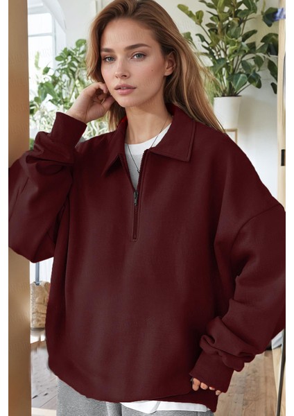 Kadın Bordo Yarım Fermuar Polo Yaka 3 Iplik Içi Polarlı Şardonlu Oversize Sweatshirt fiyatları