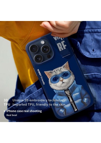 iPhone 15 3D Gerçek Nakış Işleme Kabartmalı Kedi Fermuar Mont Gözlük Detaylı Cool Glasses 2.0 Tall Rich And Handsome Kılıf fırsatları