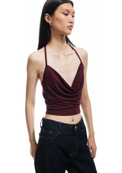 Yeni Sezon Slim Fit Boyundan Bağlamalı Crop Degaje Yaka Bluz