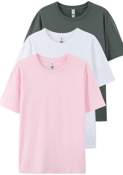 Füme Beyaz Pembe 3'lü Basic Bisiklet Yaka T-Shirt
