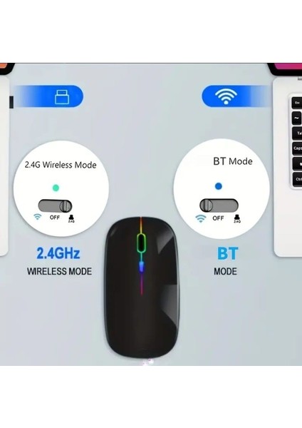 Dual Mode Kablosuz, Şarjlı + Bluetooth Özellikli Led'li, Sessiz Mause