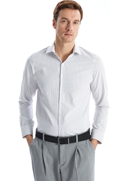 Yeni Sezon Slim Fit Uzun Kollu Cizgili Poplin Erkek Gomlek - S5EQ93Z8