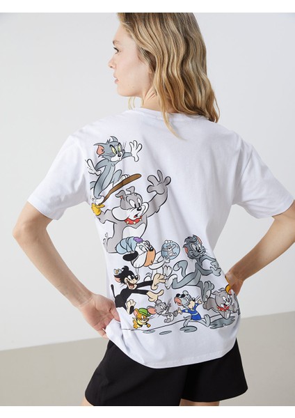 Yeni Sezon Bisiklet Yaka Tom & Jerry Baskili Kadin Tisort - S5GV59Z8