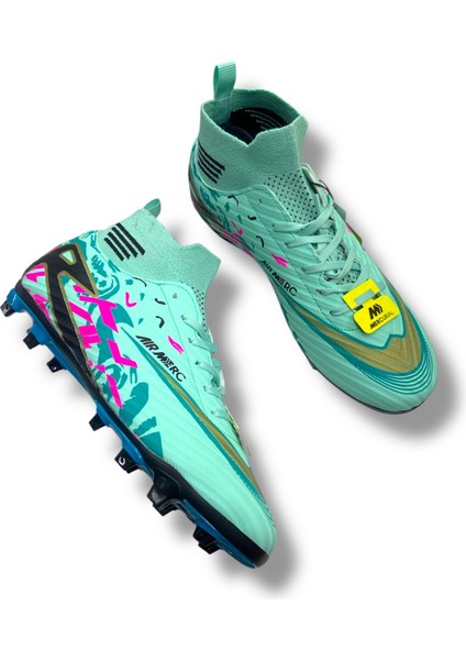 Çoraplı Unisex Krampon Halısaha & Çimsaha Ayakkabı Su Yeşili Turkuaz Desenli