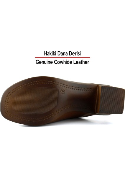 Valery Kahverengi Hakiki Dana Derisi Önü Açık Kalın Topuklu Terlik
