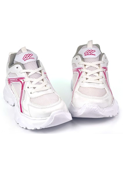 Kadın Beyaz Fuşya Hafif Fileli Günlük Rahat Sneaker Spor Ayakkabı