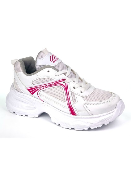 Kadın Beyaz Fuşya Hafif Fileli Günlük Rahat Sneaker Spor Ayakkabı