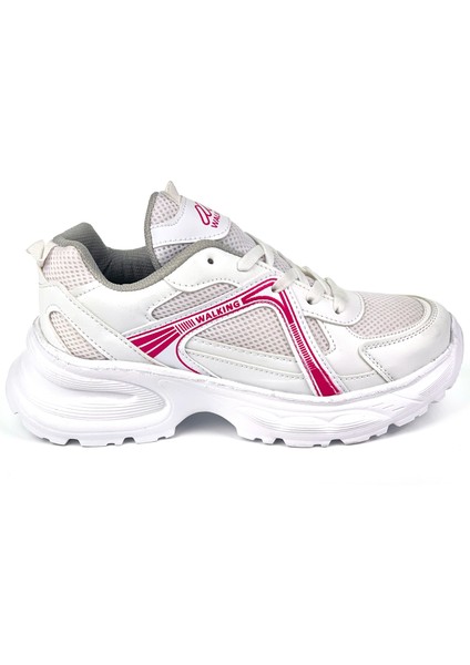 Kadın Beyaz Fuşya Hafif Fileli Günlük Rahat Sneaker Spor Ayakkabı