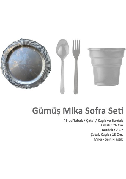 26 Cm. Mika Plastik Gümüş Sorfa Piknik Seti - 48 Kişilik Tabak Bardak Çatal Kaşık Takımı fiyatları